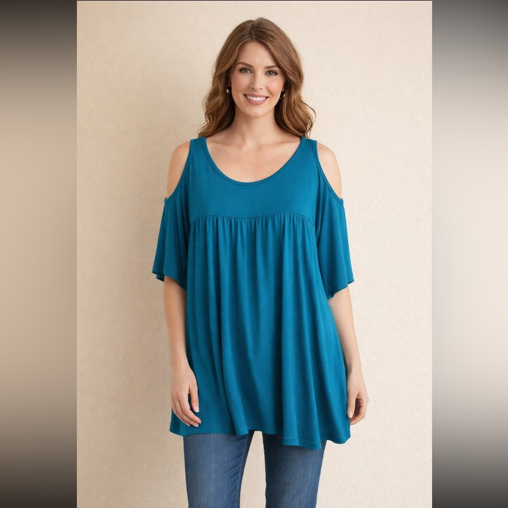 Ulla Popken Tunic Women Size 36/38 Teal Knit Stretch Round Neck Cold Shoulder